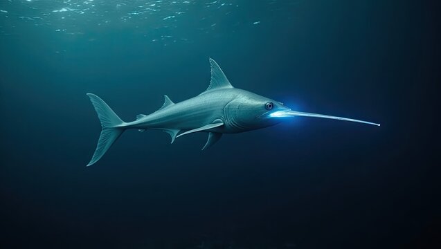 Striking image of a marlin swimming in the deep ocean.