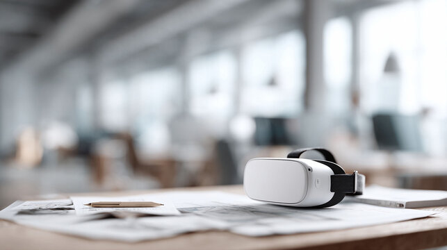 Virtual reality headset lying on desk amidst blueprints, pencil, and notebook. Technology, innovation, design process, and planning concepts. Future of work  collaboration.