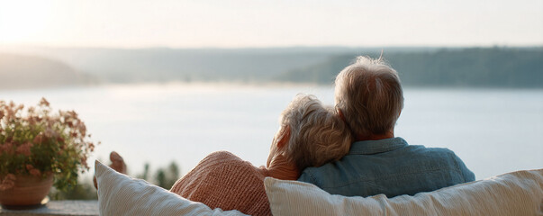 Elderly couple embracing, enjoying a peaceful lake view. Retirement goals, love, and companionship. Ideal for insurance, finance, or lifestyle content.