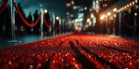 Red carpet event showcasing luxury and glamour at night with sparkling decorations and an excited crowd in the background