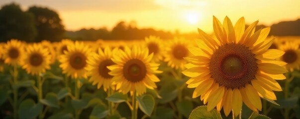 Fototapeta premium Golden hour sunlight bathes a field of ripe sunflowers, their heavy heads bowing under the summer weight A quintessential image of summer abundance and warmth , beauty in nature, natural beauty