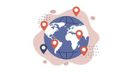Fototapeta premium Map markers locate destinations on a world globe with abstract shapes behind