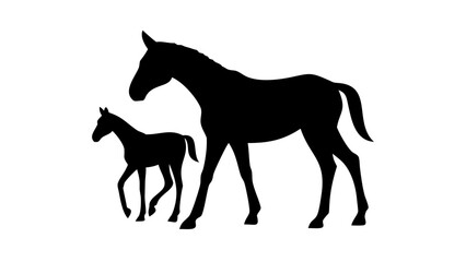 Silhouette of a mare and foal standing together in a field on a bright sunny day in the country side