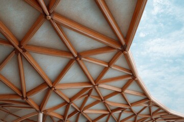 Wood lattice roof overhead with blue sky visible in the corner