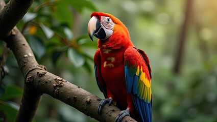 Obraz premium Vivid red and blue macaw perched on a branch.