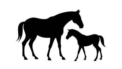 Silhouette of a mare and foal standing side by side in a simple black and white composition style image