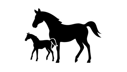 Silhouette of a mare and foal standing next to each other in a black and white illustration vector