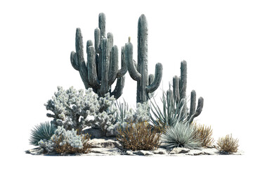 Desert landscape composed of various cacti and succulents.  A grouping of gray-toned cacti and low-growing shrubs sits atop a light beige ground.  A variety of shapes and sizes of cacti are present