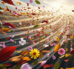 Vibrant autumn leaves and delicate blossoms swirl dynamically in a golden sunbeam vortex, evoking a sense of natural energy and seasonal change with stunning visual impact.