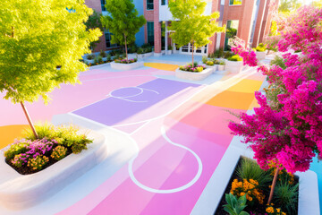 Overhead shot of lively schoolyard with painted lines and basketball hoop