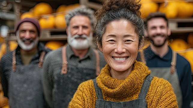 Smiling Diverse Group of Farmers Working Together at a Pumpkin Patch