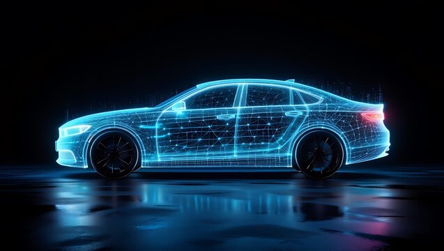 Futuristic electric car wireframe design with neon blue lights - Powered by Adobe