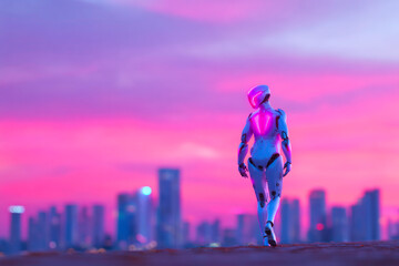 Robotic figure approaching vibrant cyber city during dusk