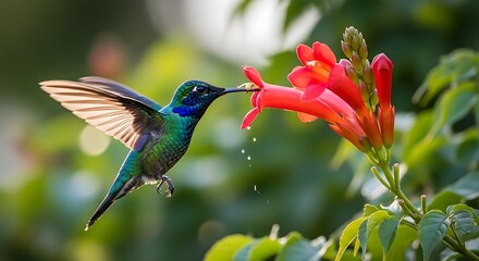 A beautiful hummingbird feeding on a vibrant red flower