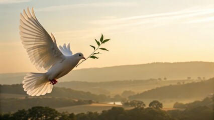 White dove flying with olive branch against a beautiful sunset sky