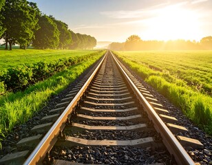 Obraz premium Railroad tracks through a lush landscape at sunrise