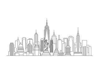 Fototapeta premium New York Skyline Illustration: A sleek, modern line illustration capturing the iconic New York City skyline, featuring famous landmarks in crisp detail and minimalist design.