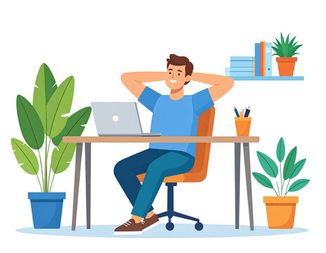 A relaxed man in a blue shirt leans back in his chair at a desk with a laptop taking a break in a modern plantfilled workspace.