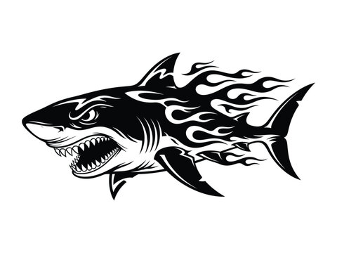Fiery Shark Illustration: A fierce shark design, rendered with bold lines and dynamic flames, embodies the raw power and untamed spirit of the ocean's apex predator.