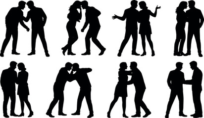 Obraz premium Silhouettes of couples in various romantic and affectionate poses showcasing intimacy and connection through body language