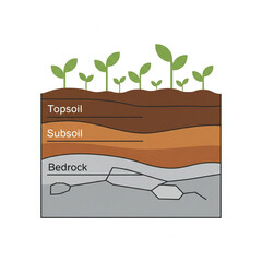 Illustrating fertile topsoil, subsoil, and bedrock layers supporting vibrant plant growth, a fundamental concept in agriculture and environmental science education.