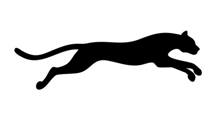 Silhouette of a black panther leaping forward with its tail curved behind it on a white background