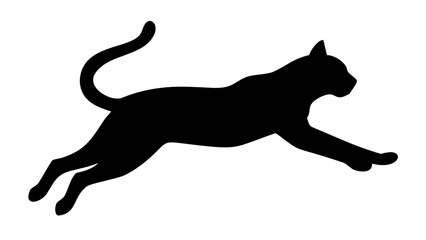 A black silhouette of a cat leaping forward with its tail curved upwards on a white background plane