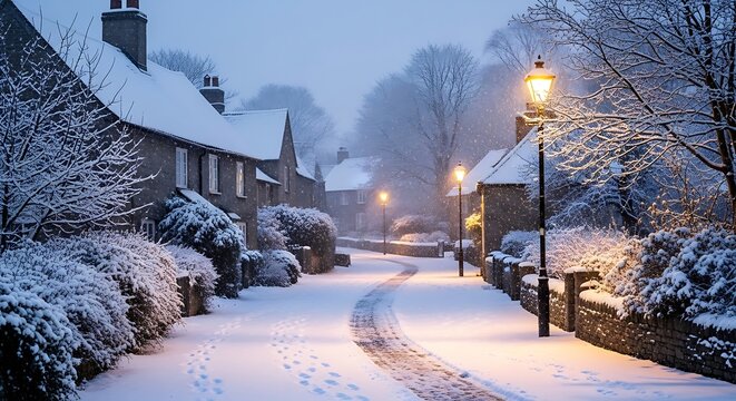 Snowy street in a charming village during winter season at dusk