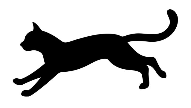 Silhouette of a cat leaping forward with its tail curled upwards on a white background image view