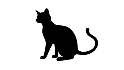 Silhouette of a cat sitting upright with its tail curled and ears perked on a white background © Ijaz