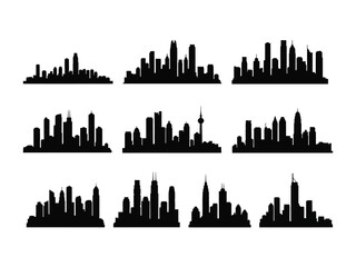 Obraz premium Urban Skyline Silhouette: A collection of diverse cityscapes in striking black silhouette, perfect for design.