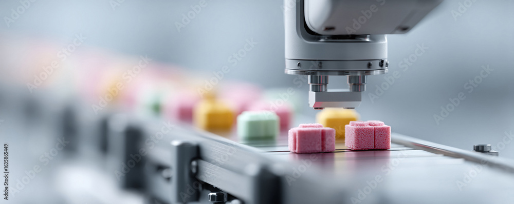 Poster automated future. robot arm picking colorful confectionery on conveyor belt. automation and precisio