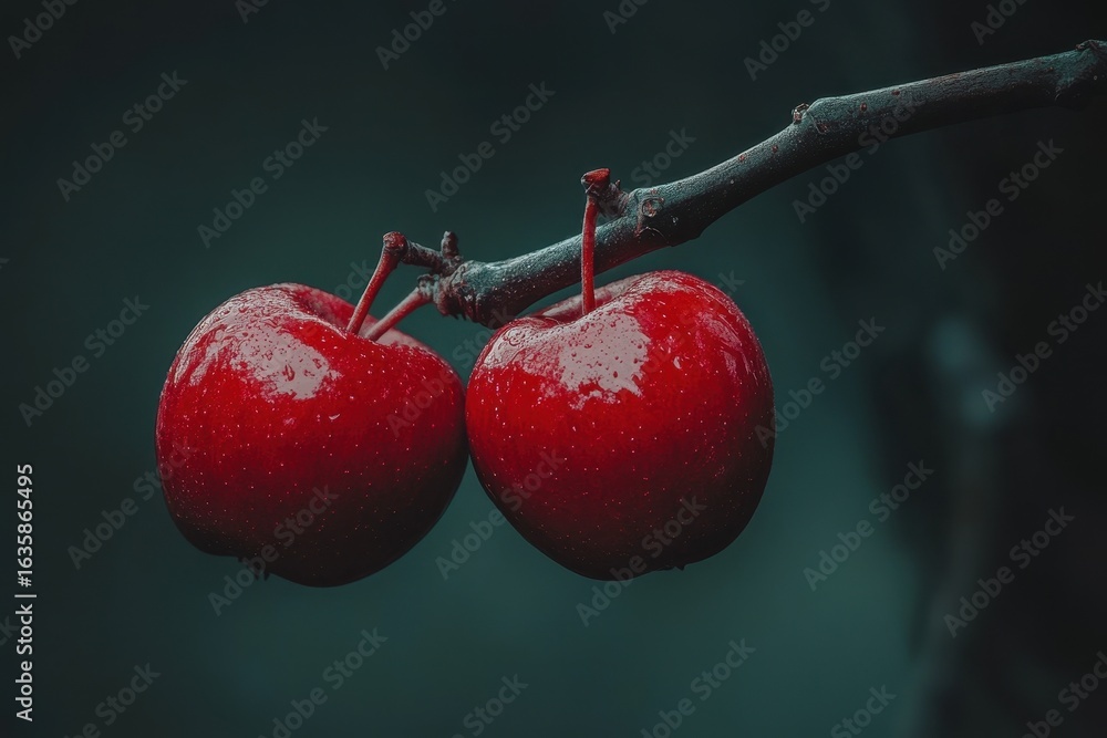 Poster closeup view of two red apples glistening on a branch in early morning light, close-up of two red ap