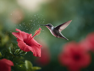 Fototapeta premium Hummingbird in flight near a vibrant hibiscus. Captures beauty, natures rhythm, and delicate balance. Perfect for projects needing a touch of natural wonder.