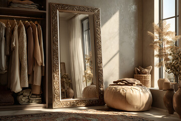 Interior of stylish dressing room with rack and pouf