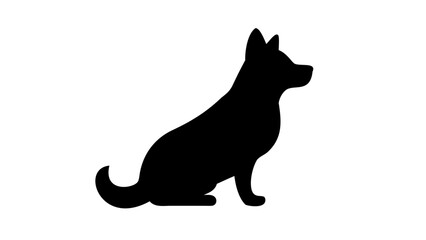 Silhouette of a dog sitting with its tail curled and ears perked up against a plain white background