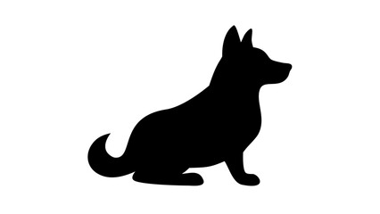 Silhouette of a german shepherd dog sitting with its tail curled and ears perked up on a white background