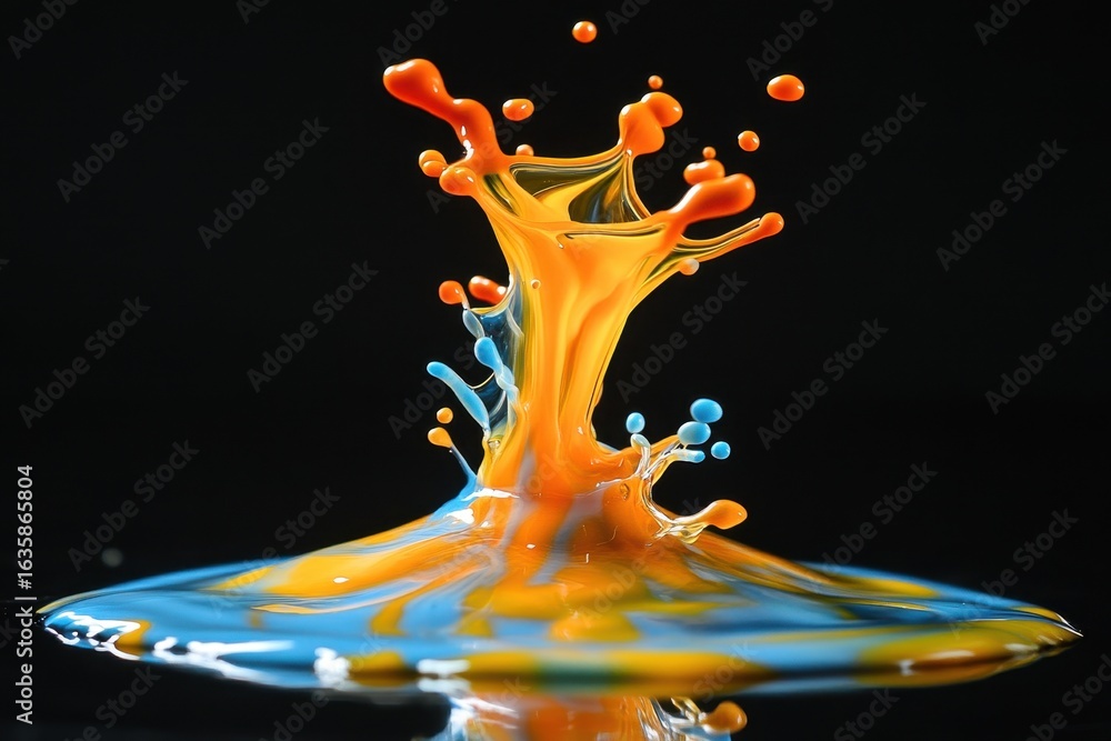 Poster ink droplet expands in vibrant colors creating an abstract art piece on a black background, beautifu