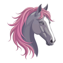 Elegant Horse Portrait with Flowing Pink Mane - A Majestic Equine Head Turning in Graceful Detail Artistic Animal Illustration
