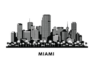 Fototapeta premium Miami Skyline: A striking graphic silhouette of the Miami skyline, a black and white monochrome depiction, encapsulating the essence of the city's architecture.