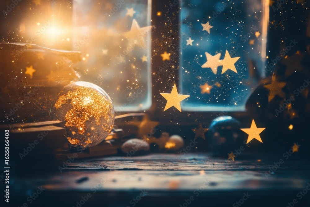 Poster stars float gracefully through the vastness of space illuminating the cosmos with sparkling light, s