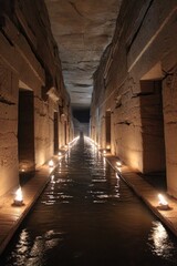 Obraz premium A long, narrow subterranean waterway with lit alcoves