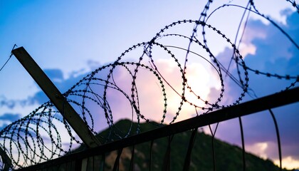 Barbed wire fence at sunset