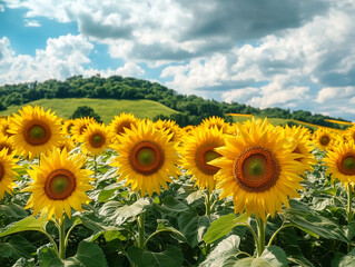 Obraz premium Sunflower Field: Blue Sky, Clouds, Vibrant Gold, Rural Harvest, Landscape