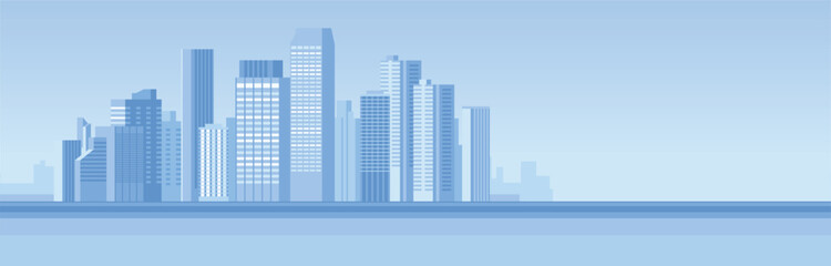 Modern city skyline with skyscrapers and office buildings. Vector illustration of a business district with tall towers. Blue urban landscape for corporate design.