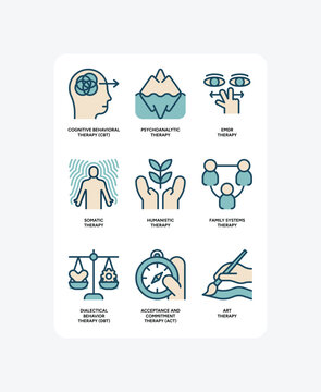 Mental Health Therapy Modalities Icon Set. Filled Outline Vector Icons for Psychology, Counseling, CBT, EMDR, and Somatic Therapy. Professional, clean symbols for therapists, clinics, and wellness app