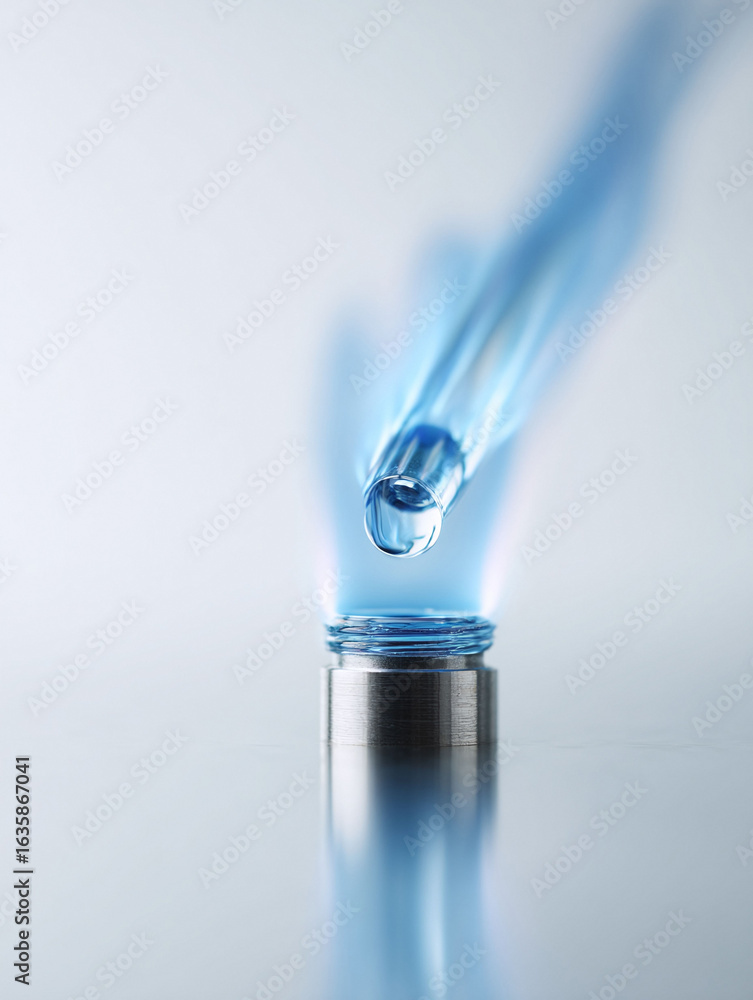 Poster a mesmerizing macro image showcasing a clear liquid drop falling from a blue pipette. perfect for sc