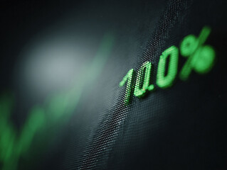 Closeup of a green 10.0% figure on a textured dark background, symbolizing growth, profit, or success. Ideal for finance, investment, and economic visuals.