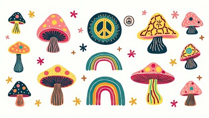 Colorful mushroom and rainbow design elements on a white background.