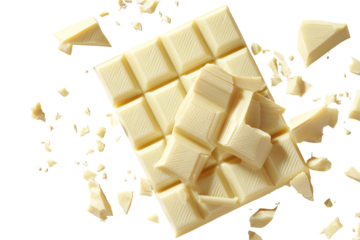 White chocolate bar, broken apart, scattered pieces